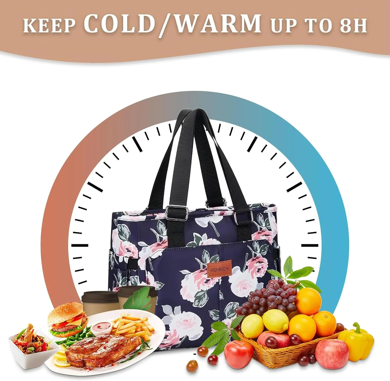 Large Peony Women's Lunch Bag, Insulated Aluminum Lunch Box with Side Pockets, Adjustable Carrying Options, Reusable and Easy to Clean