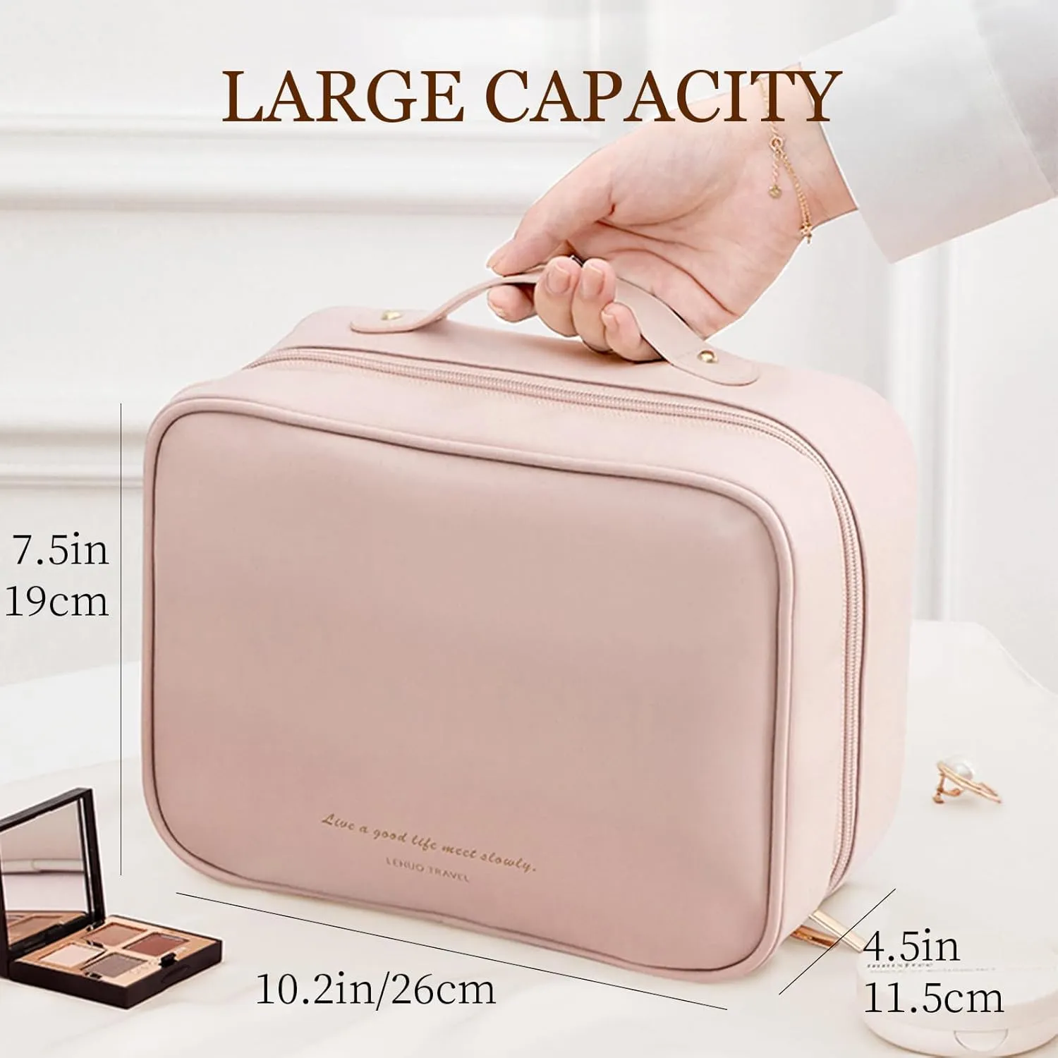 Large Removable Travel Makeup Bag, Large Capacity Cosmetic Bags with Makeup Brush Storage, Portable Waterproof Recumbent Cosmetic Cases, Cute Toiletry Organizer Case for Women (Pink)