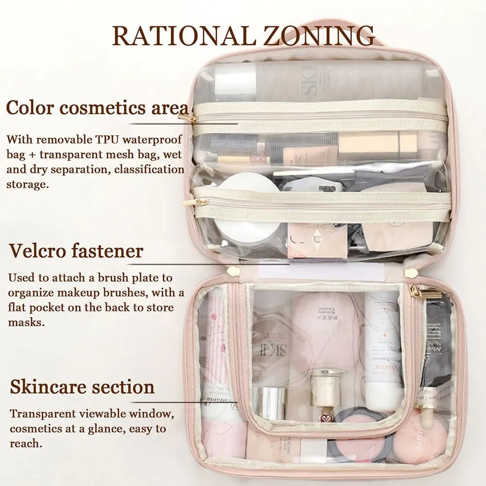 Large Removable Travel Makeup Bag, Large Capacity Cosmetic Bags with Makeup Brush Storage, Portable Waterproof Recumbent Cosmetic Cases, Cute Toiletry Organizer Case for Women (Pink)