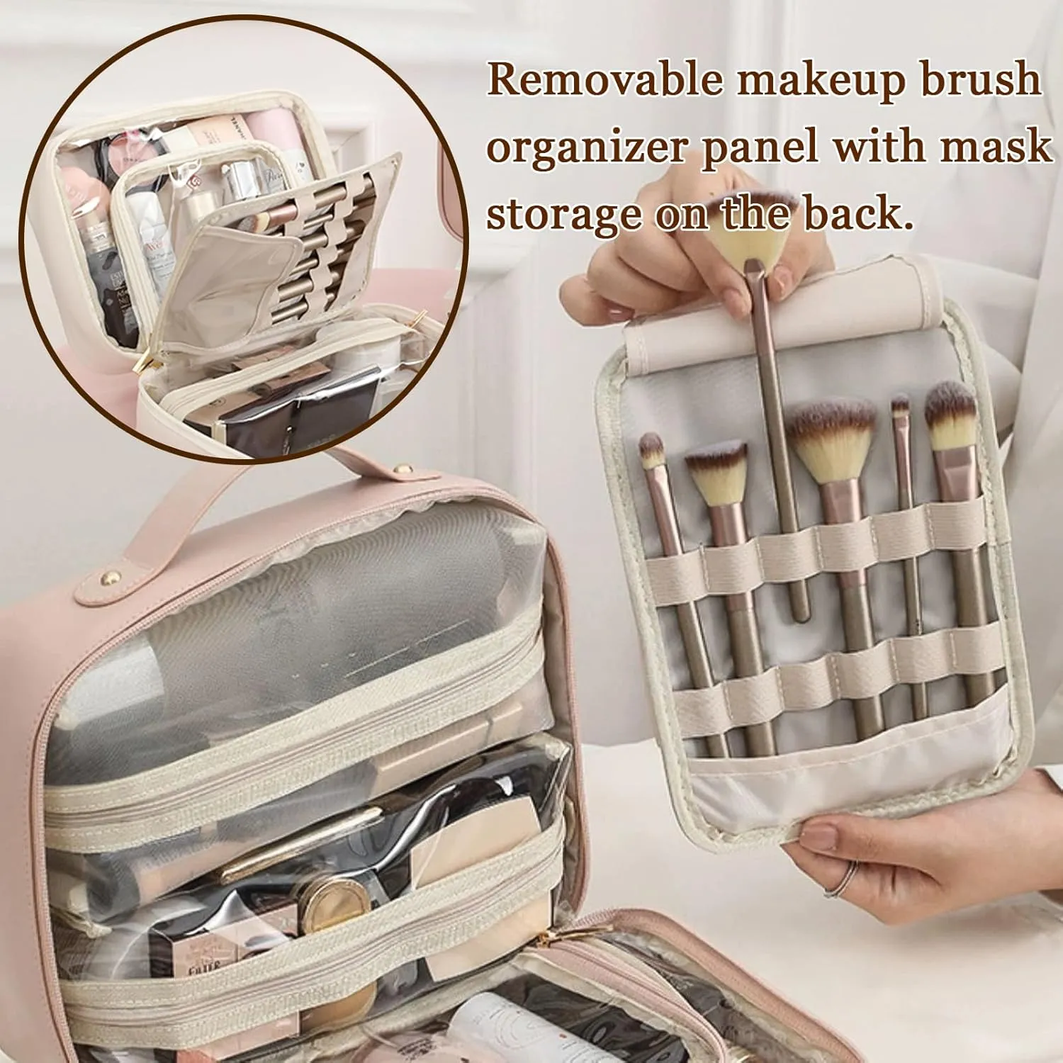 Large Removable Travel Makeup Bag, Large Capacity Cosmetic Bags with Makeup Brush Storage, Portable Waterproof Recumbent Cosmetic Cases, Cute Toiletry Organizer Case for Women (Pink)