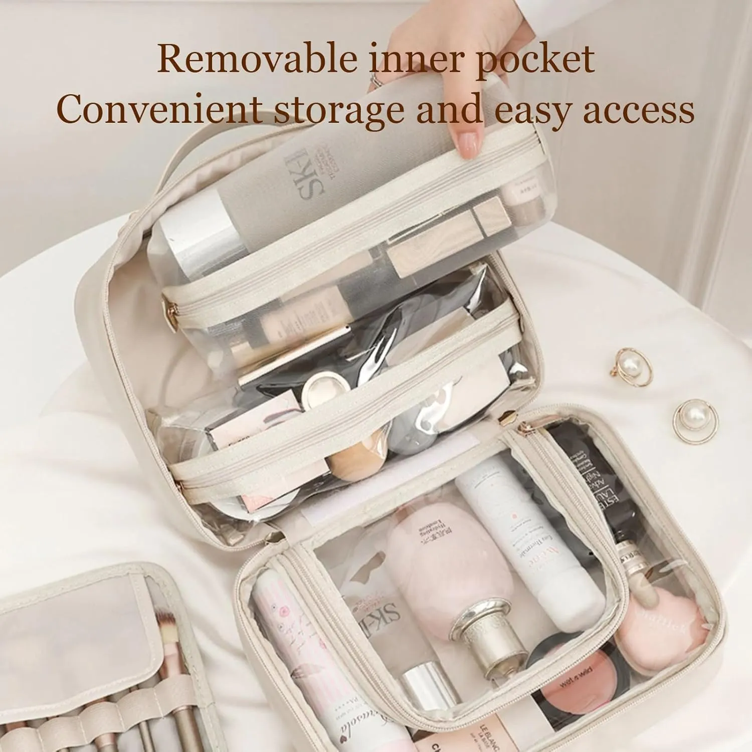 Large Removable Travel Makeup Bag, Large Capacity Cosmetic Bags with Makeup Brush Storage, Portable Waterproof Recumbent Cosmetic Cases, Cute Toiletry Organizer Case for Women (White)