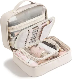 Large Removable Travel Makeup Bag, Large Capacity Cosmetic Bags with Makeup Brush Storage, Portable Waterproof Recumbent Cosmetic Cases, Cute Toiletry Organizer Case for Women (White)