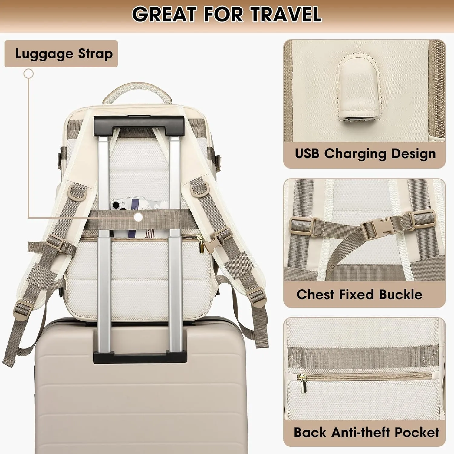 Large Travel Backpack for Women, 50L Carry On Backpack Flight Approved, Waterproof Personal Item Travel Bag fits 18 inch Laptop, TSA Suitcase Luggage Daypack Business Weekender Overnight Bags, Beige