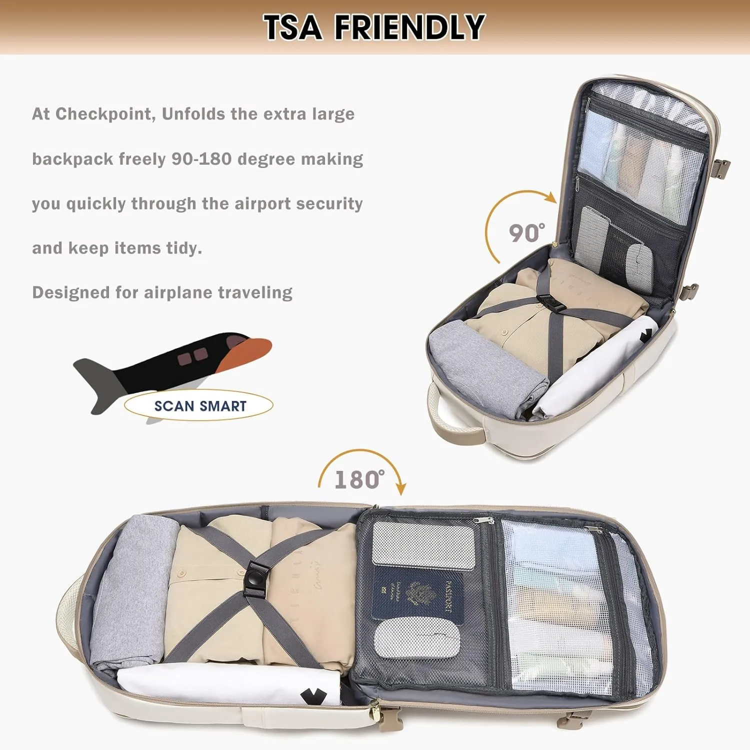 Large Travel Backpack for Women, 50L Carry On Backpack Flight Approved, Waterproof Personal Item Travel Bag fits 18 inch Laptop, TSA Suitcase Luggage Daypack Business Weekender Overnight Bags, Beige