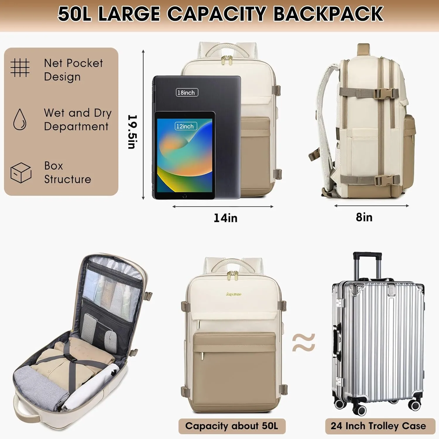 Large Travel Backpack for Women, 50L Carry On Backpack Flight Approved, Waterproof Personal Item Travel Bag fits 18 inch Laptop, TSA Suitcase Luggage Daypack Business Weekender Overnight Bags, Beige