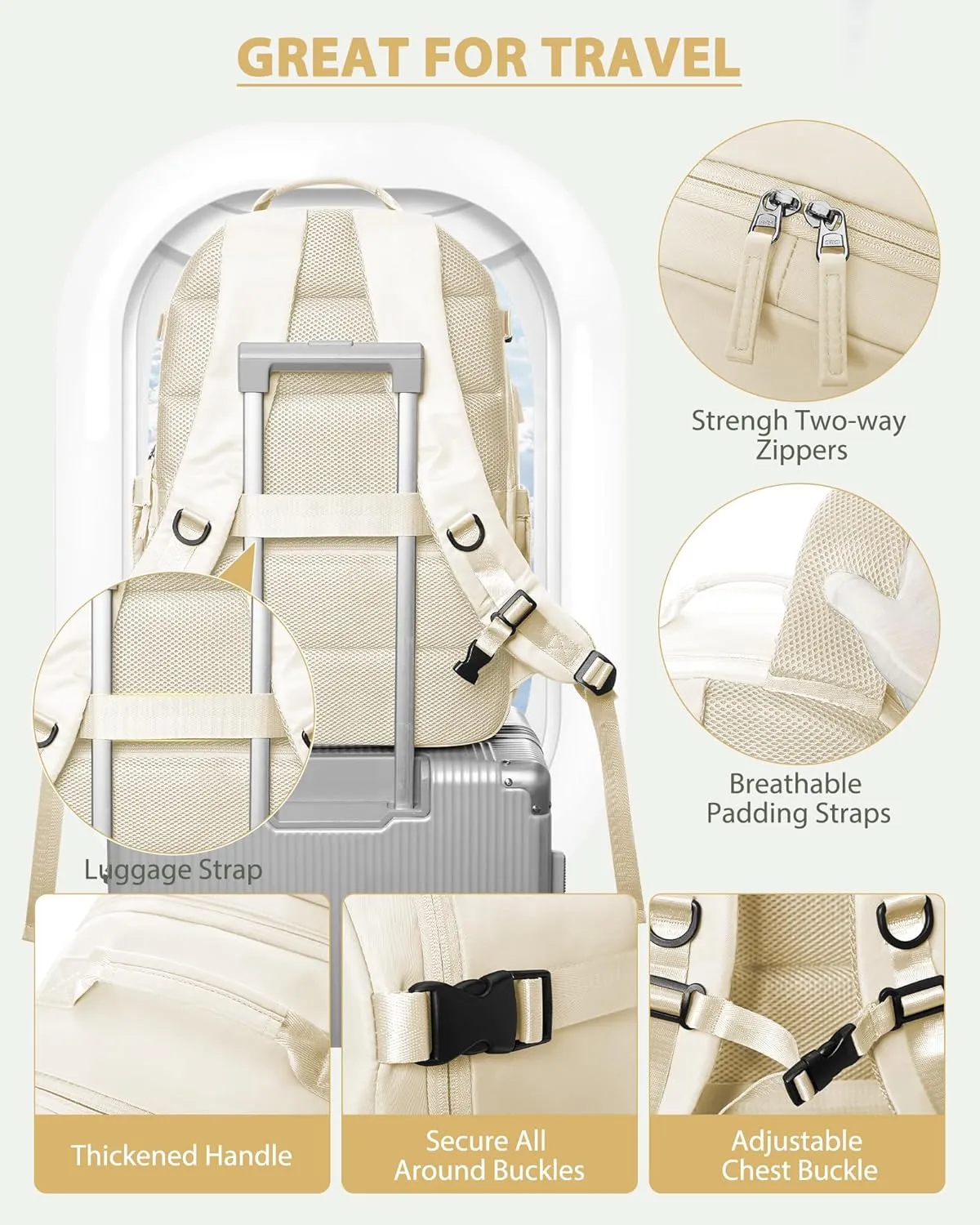 Large Travel Backpack for Women & Men - Carry On & Personal Item - Business & Laptop Daypack - Gym & College Casual Daypack for Weekend Hiking - Beige