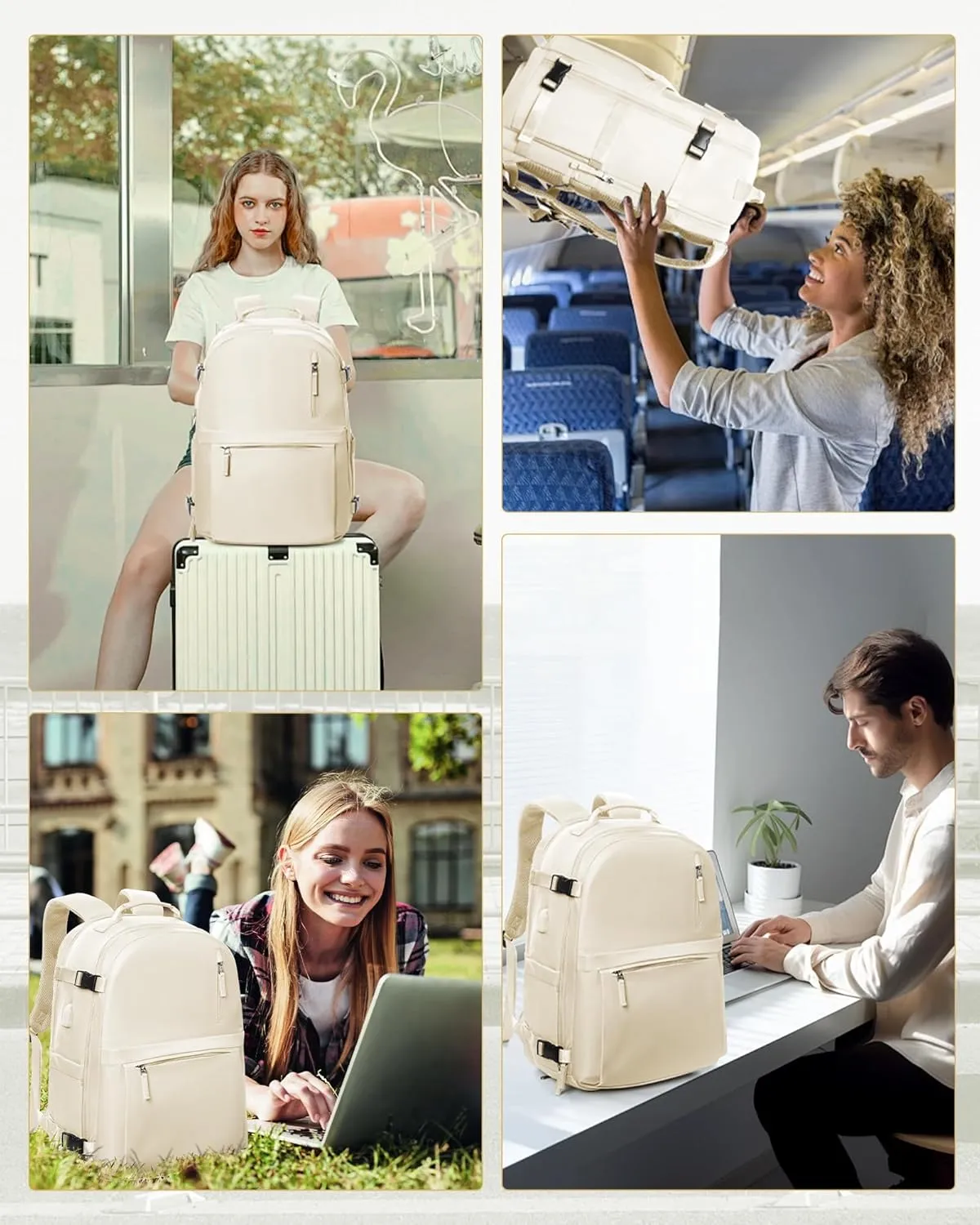 Large Travel Backpack for Women & Men - Carry On & Personal Item - Business & Laptop Daypack - Gym & College Casual Daypack for Weekend Hiking - Beige