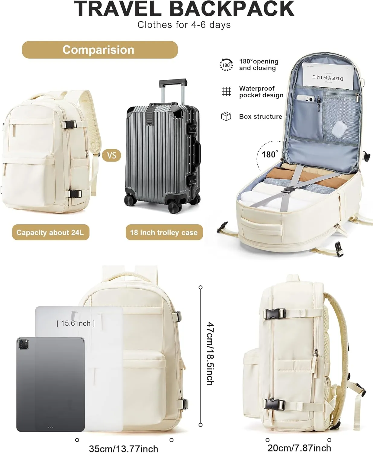 Large Travel Backpack For Women Men,Mochila de Viaje,Carry On Backpack with USB Charging Port & Shoe Pouch,Airline Approved Personal Item Travel Bag,Waterproof Luggage Backpack(Beige)