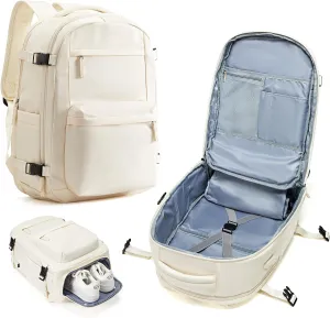 Large Travel Backpack For Women Men,Mochila de Viaje,Carry On Backpack with USB Charging Port & Shoe Pouch,Airline Approved Personal Item Travel Bag,Waterproof Luggage Backpack(Beige)