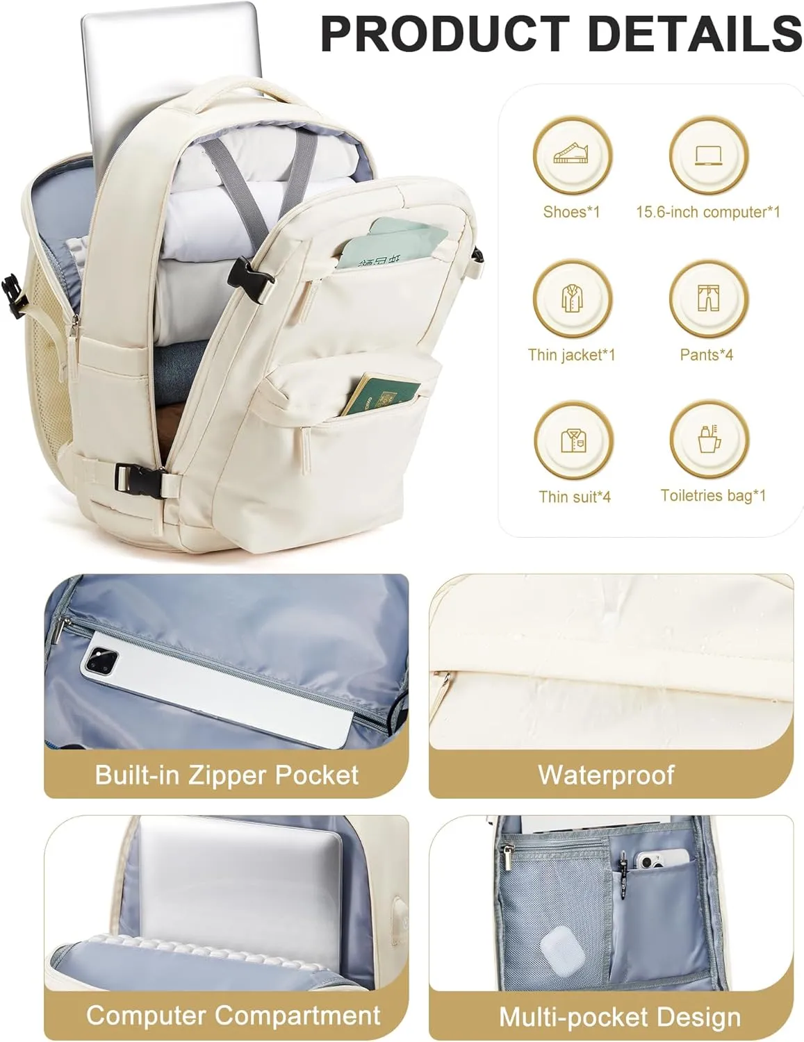 Large Travel Backpack For Women Men,Mochila de Viaje,Carry On Backpack with USB Charging Port & Shoe Pouch,Airline Approved Personal Item Travel Bag,Waterproof Luggage Backpack(Beige)