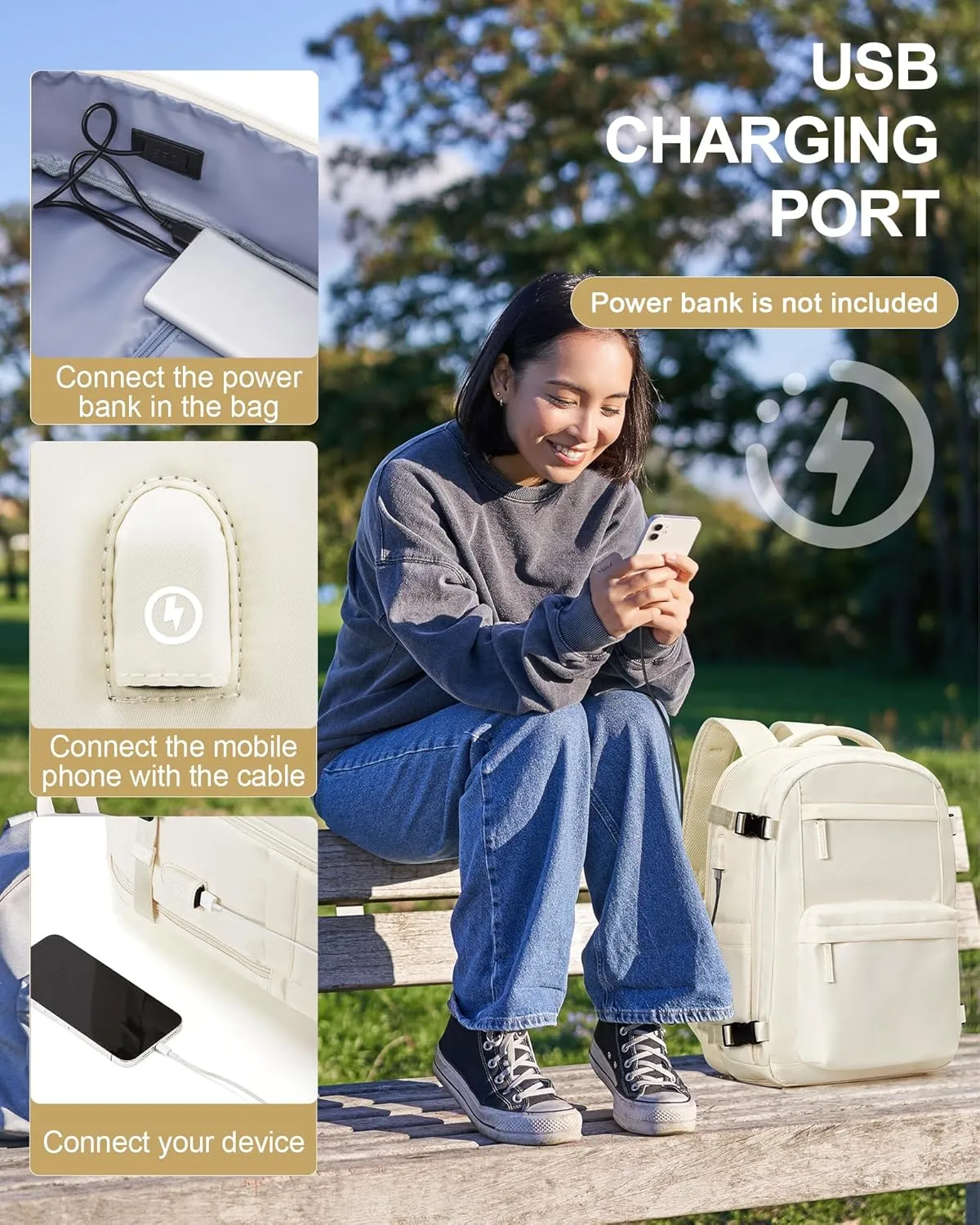 Large Travel Backpack For Women Men,Mochila de Viaje,Carry On Backpack with USB Charging Port & Shoe Pouch,Airline Approved Personal Item Travel Bag,Waterproof Luggage Backpack(Beige)