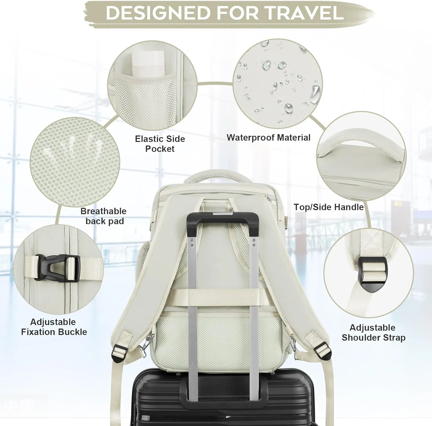 Large Travel Backpack Women, Carry On Backpack, Airplane Approved Personal Item Bag, Lightweight Laptop Backpack, Casual Work Gym College Weekender Bag, Beige