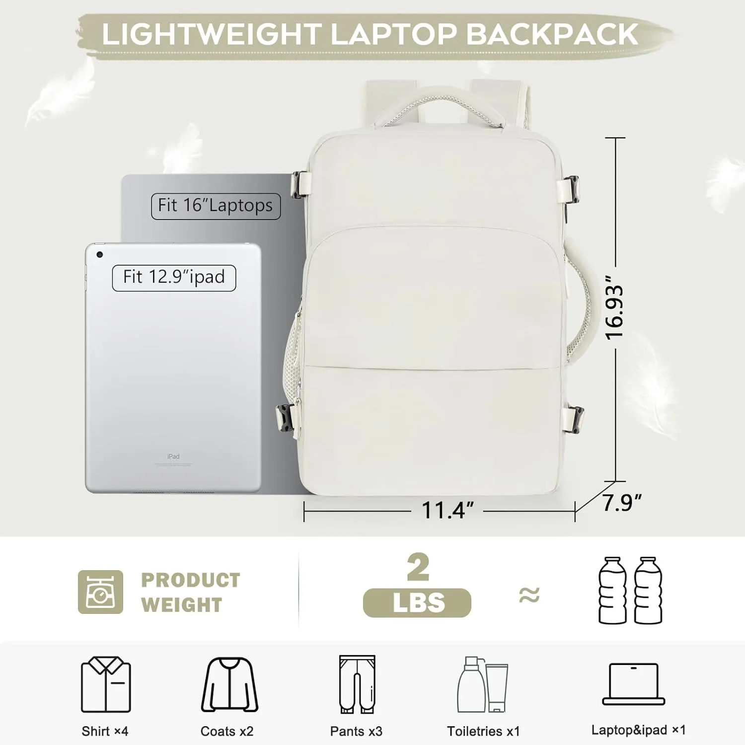 Large Travel Backpack Women, Carry On Backpack, Airplane Approved Personal Item Bag, Lightweight Laptop Backpack, Casual Work Gym College Weekender Bag, Beige
