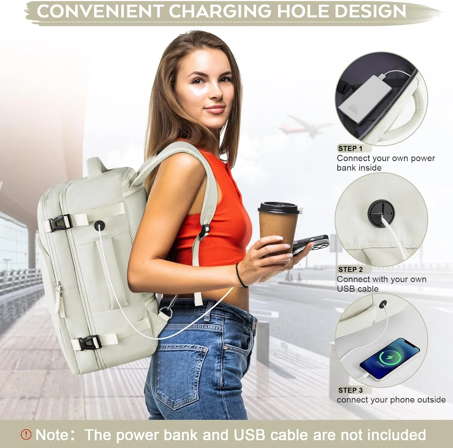 Large Travel Backpack Women, Carry On Backpack, Airplane Approved Personal Item Bag, Lightweight Laptop Backpack, Casual Work Gym College Weekender Bag, Beige