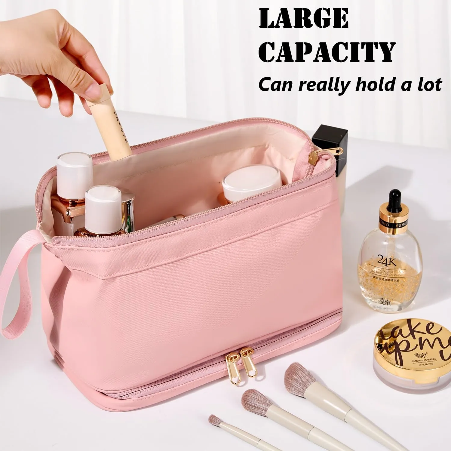 Large Travel Toiletry Bag for men women,Makeup Organizer Bag, Dopp Kit,Waterproof Hanging Cosmetic Bag for Toiletries Accessories(Pink)