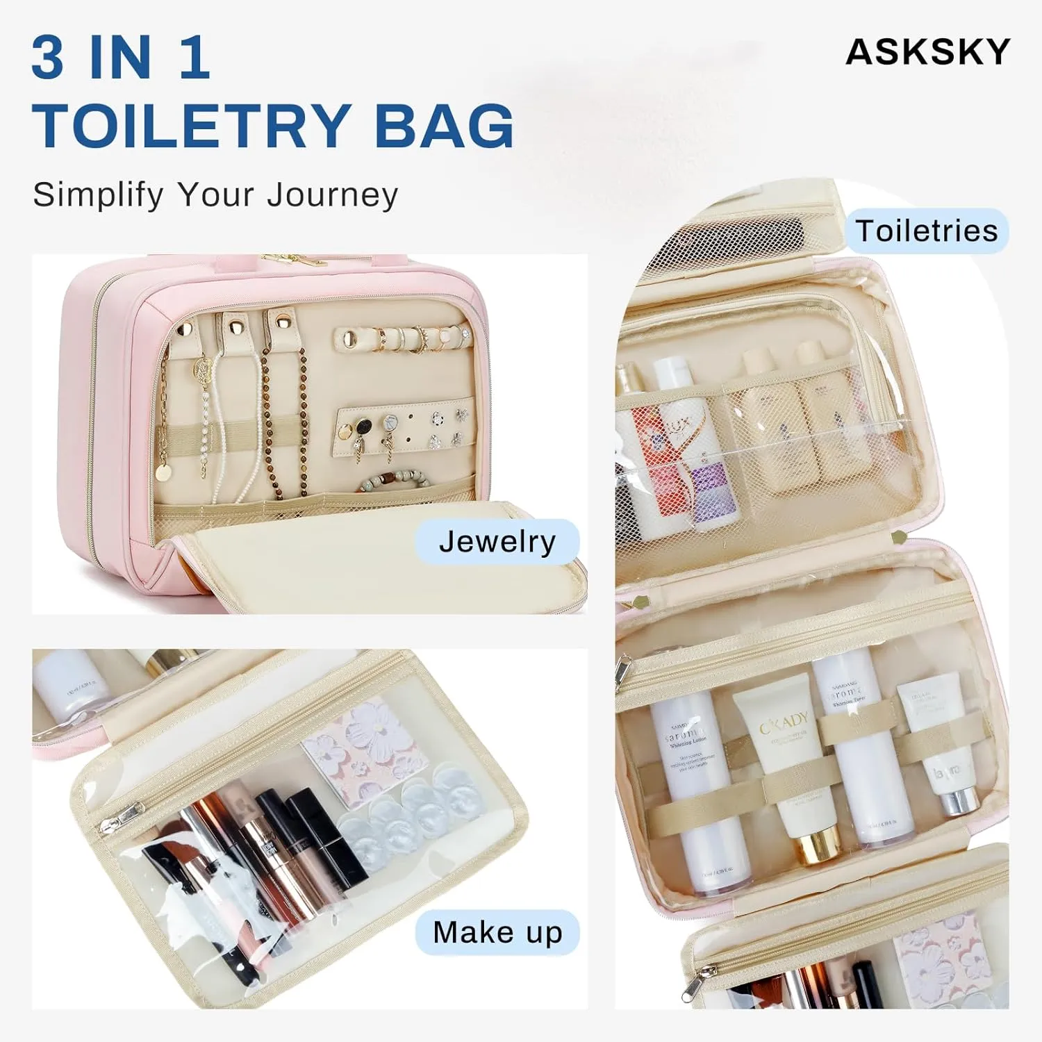 Large Travel Toiletry Bag for Women, Waterproof Hanging Toiletry Bags with Jewelry Organizer, Cosmetic Makeup Bag Organizer, Full-size Container, Travel Essentials Accessories, Shampoo, Pink