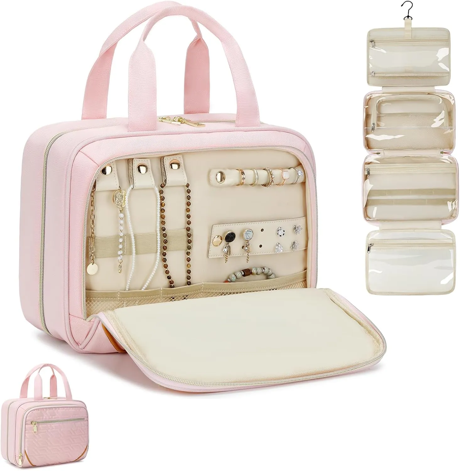 Large Travel Toiletry Bag for Women, Waterproof Hanging Toiletry Bags with Jewelry Organizer, Cosmetic Makeup Bag Organizer, Full-size Container, Travel Essentials Accessories, Shampoo, Pink
