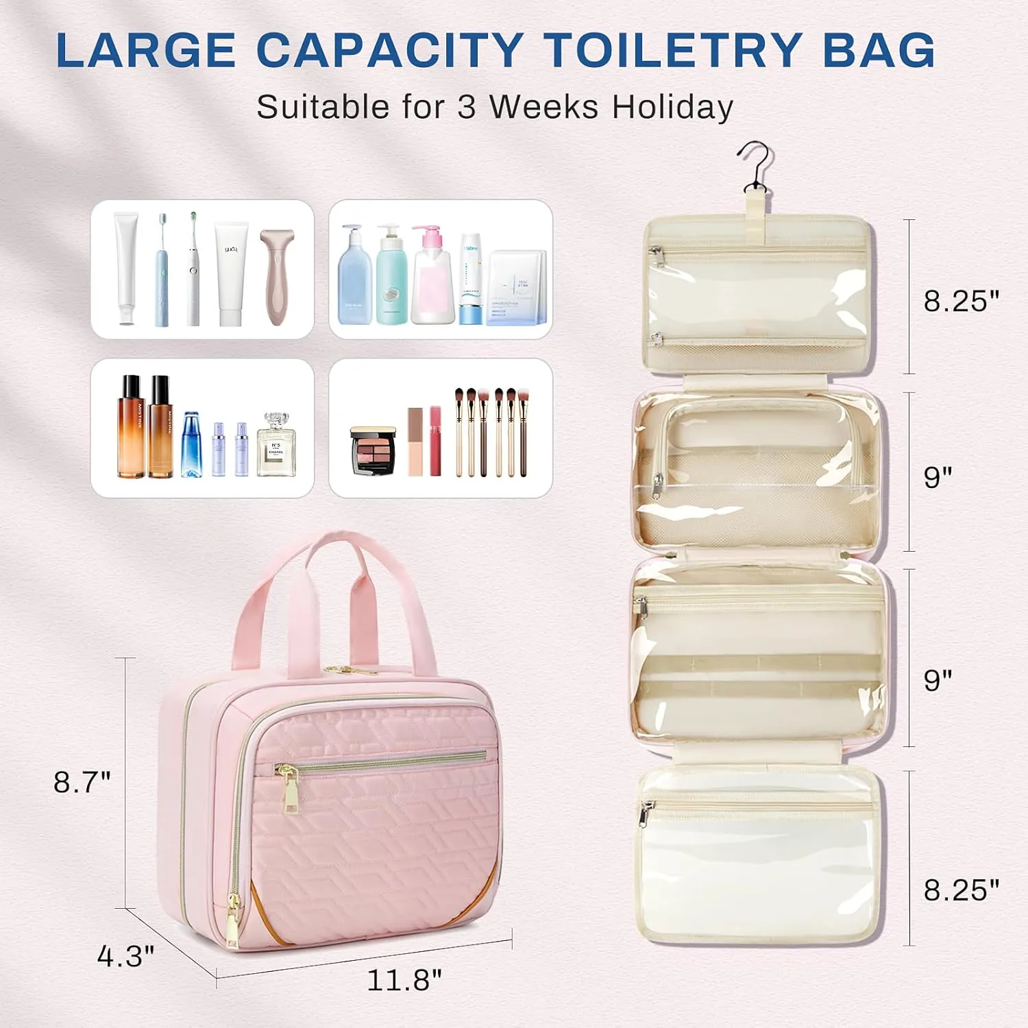 Large Travel Toiletry Bag for Women, Waterproof Hanging Toiletry Bags with Jewelry Organizer, Cosmetic Makeup Bag Organizer, Full-size Container, Travel Essentials Accessories, Shampoo, Pink