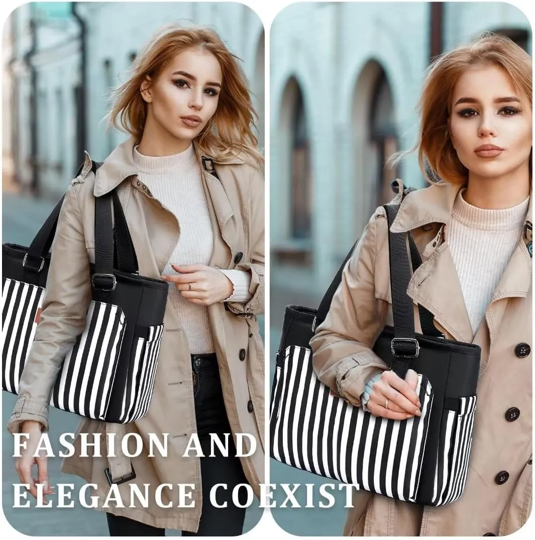Large Women Lunch Bags for Work/Insulated Adult Lunch Box for Women/Leakproof Cooler Lunch Tote Bag with Storage Pocket. Reusable Lunch Cooler Purse for Work Picnic Hiking 12L, Black Stripes