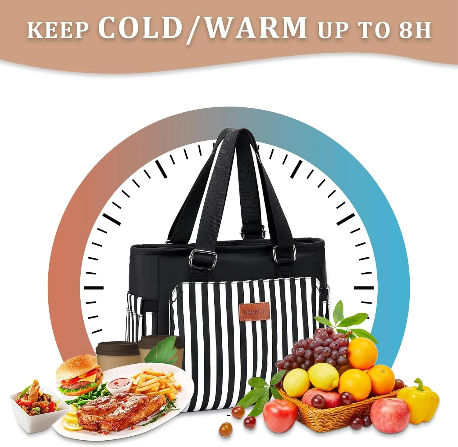 Large Women Lunch Bags for Work/Insulated Adult Lunch Box for Women/Leakproof Cooler Lunch Tote Bag with Storage Pocket. Reusable Lunch Cooler Purse for Work Picnic Hiking 12L, Black Stripes