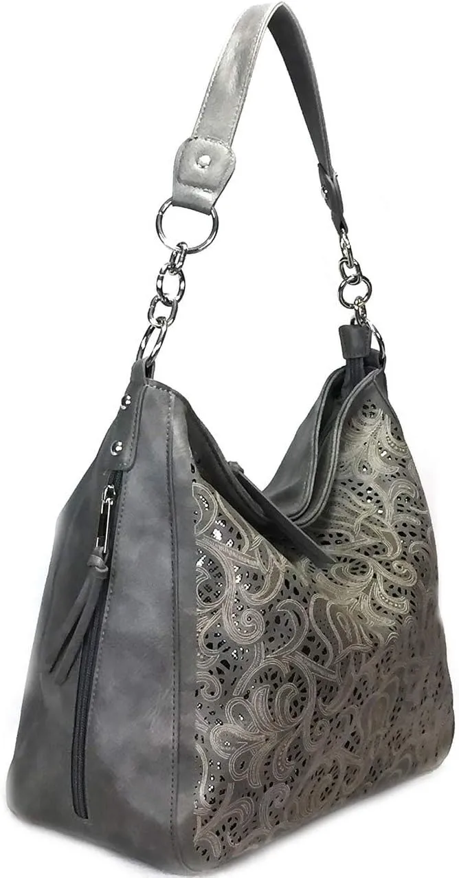 Laser Cut Bling Hobo fashion CCW Bag Faux Leather Concealed Carry Purse