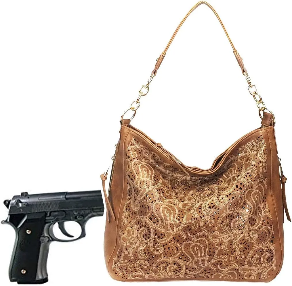 Laser Cut Bling Hobo fashion CCW Bag Faux Leather Concealed Carry Purse