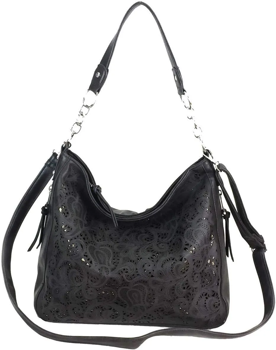 Laser Cut Bling Hobo fashion CCW Bag Faux Leather Concealed Carry Purse