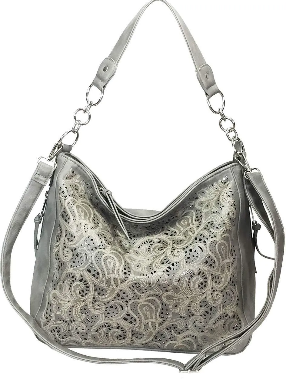 Laser Cut Bling Hobo fashion CCW Bag Faux Leather Concealed Carry Purse