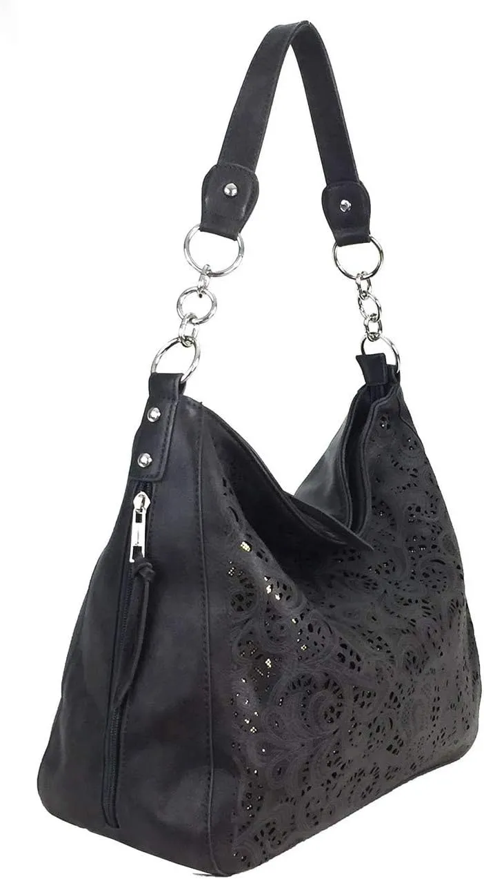 Laser Cut Bling Hobo fashion CCW Bag Faux Leather Concealed Carry Purse