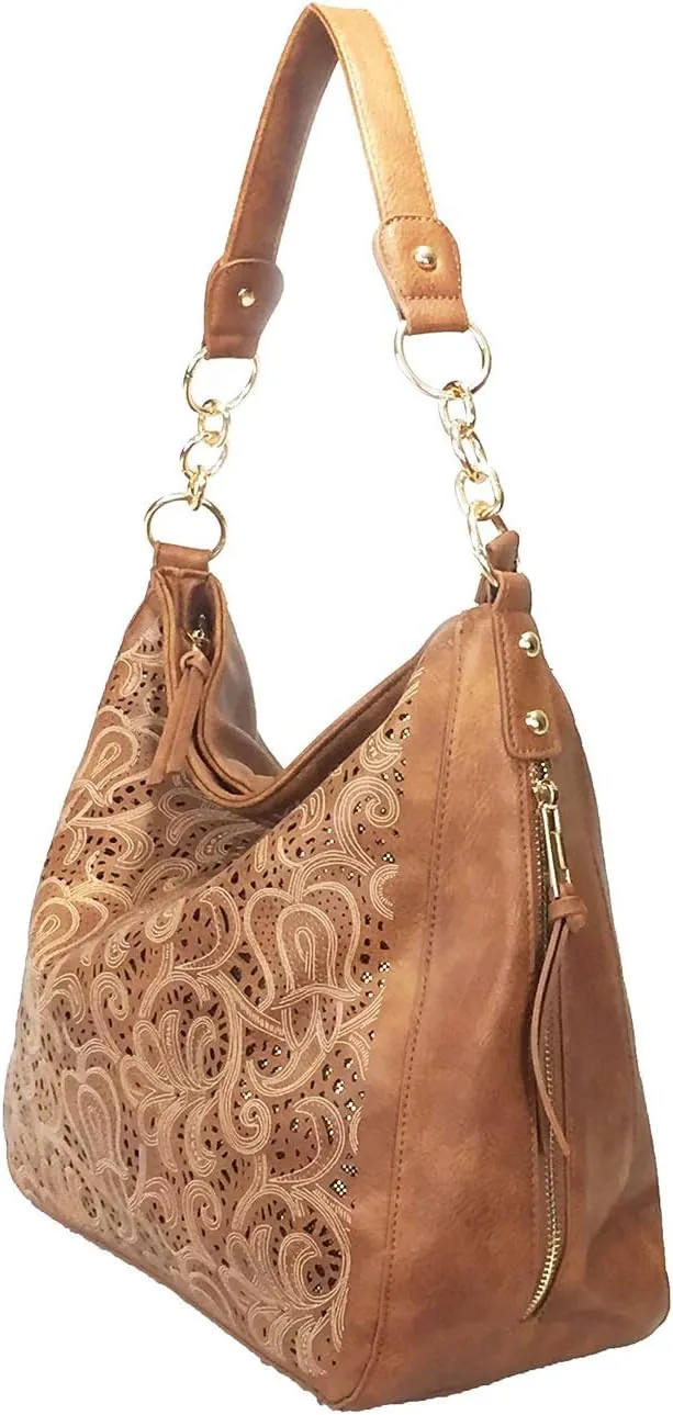 Laser Cut Bling Hobo fashion CCW Bag Faux Leather Concealed Carry Purse