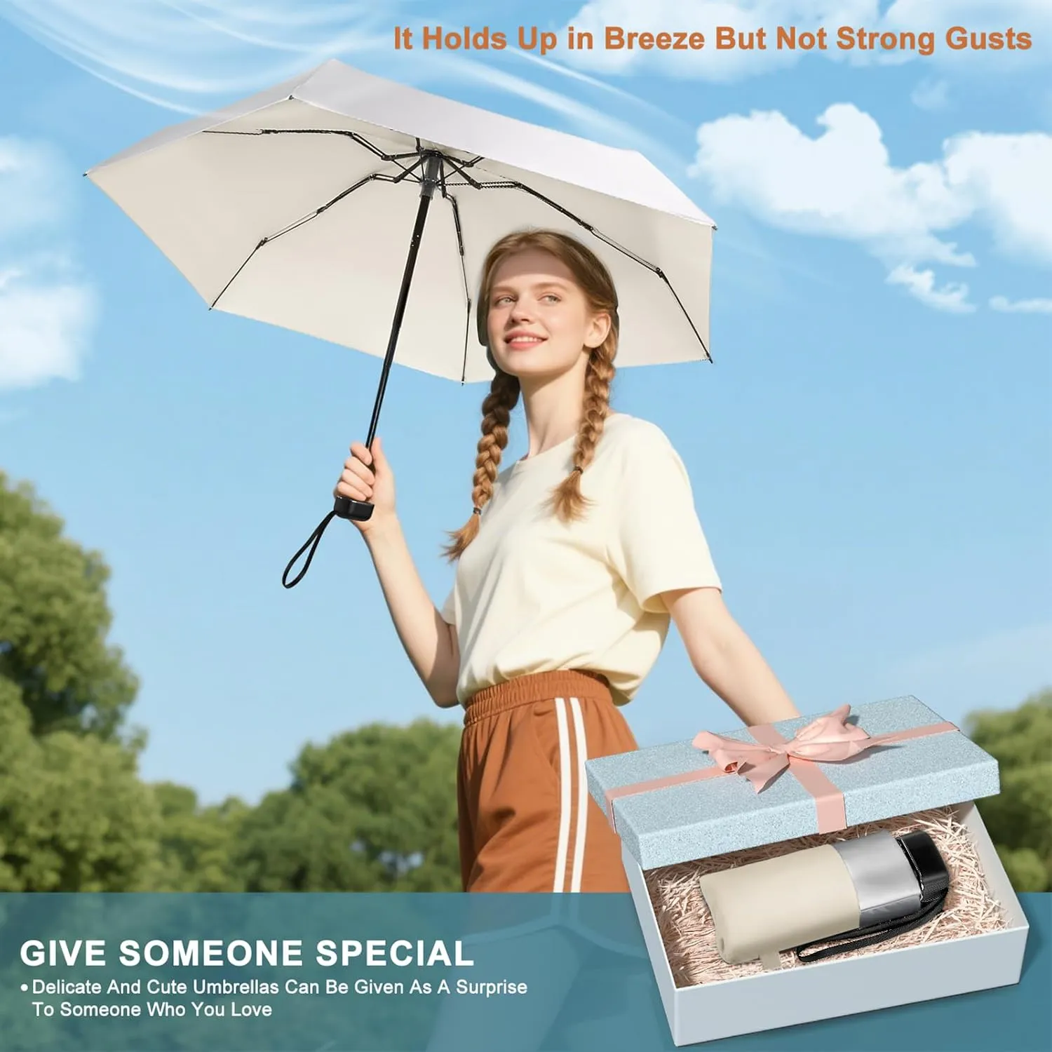 LEAGERA Mini Umbrella For Purse - UPF 50  UV Blocker Sun Protection Umbrella, Small Micro Travel Parasol Design for Women, Beige