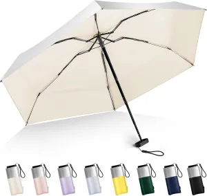 LEAGERA Mini Umbrella For Purse - UPF 50  UV Blocker Sun Protection Umbrella, Small Micro Travel Parasol Design for Women, Beige