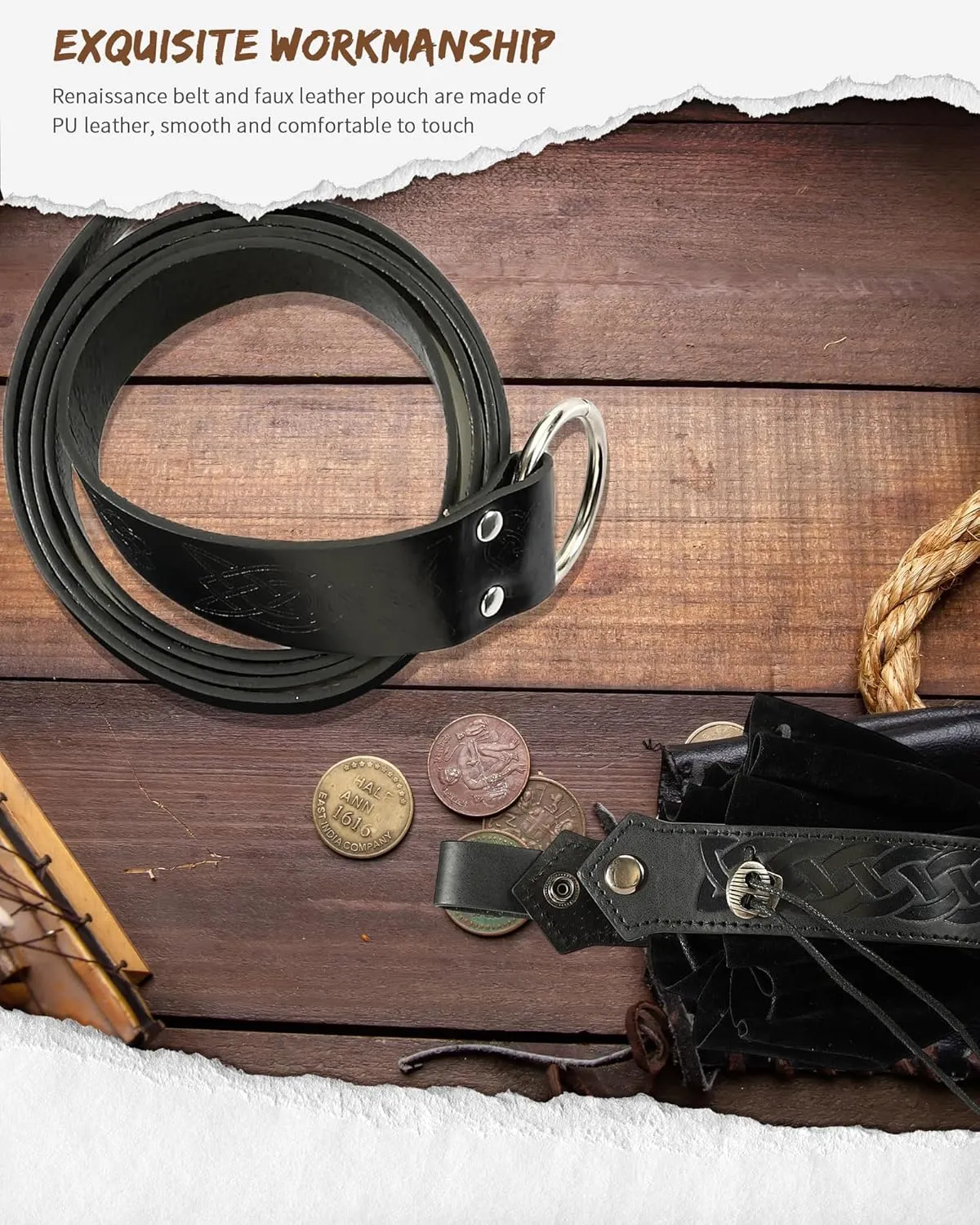 Leifide 2 Pcs Medieval Viking Belt Renaissance Pouch Medieval Leather Belt Pouch Bag Embossed Renaissance Costume Accessories(Black,Elegant)