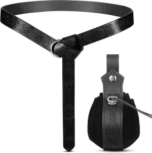 Leifide 2 Pcs Medieval Viking Belt Renaissance Pouch Medieval Leather Belt Pouch Bag Embossed Renaissance Costume Accessories(Black,Elegant)