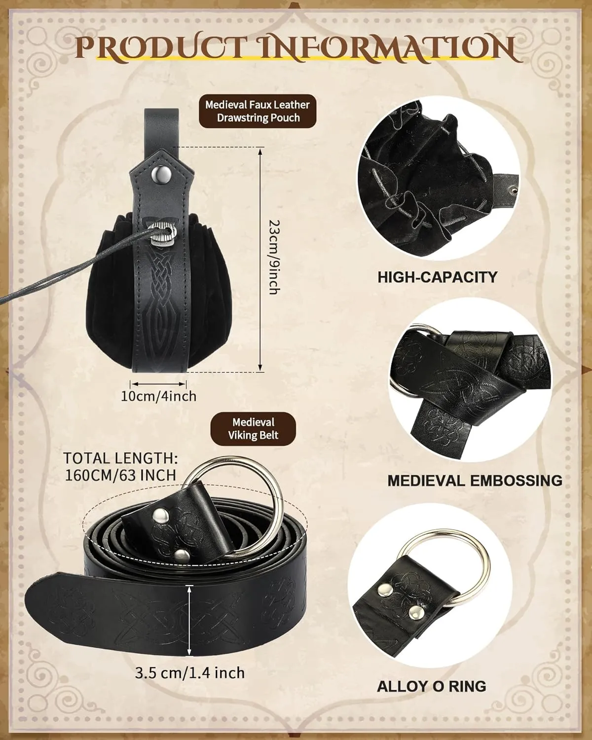 Leifide 2 Pcs Medieval Viking Belt Renaissance Pouch Medieval Leather Belt Pouch Bag Embossed Renaissance Costume Accessories(Black,Elegant)