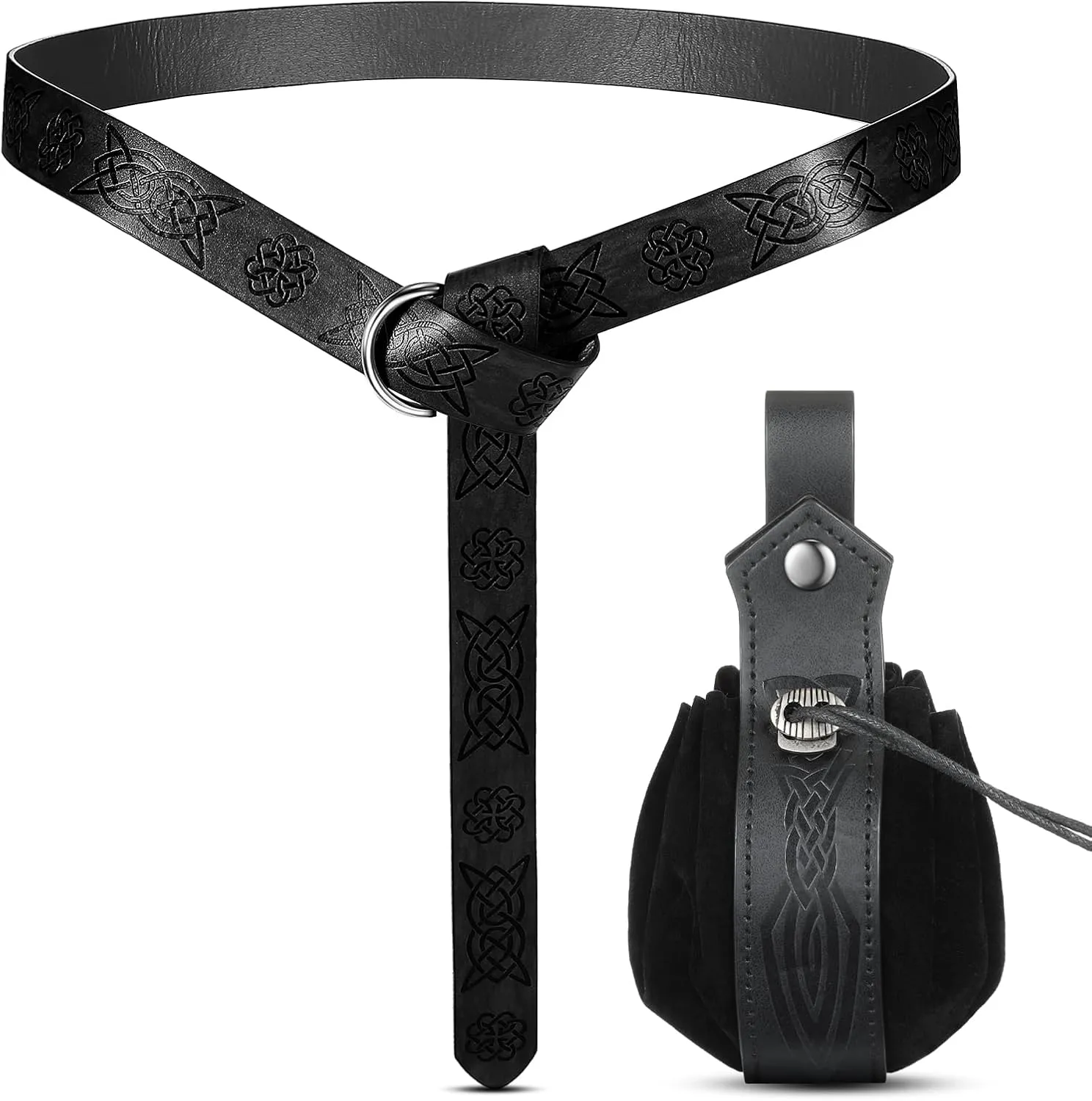 Leifide 2 Pcs Medieval Viking Belt Renaissance Pouch Medieval Leather Belt Pouch Bag Embossed Renaissance Costume Accessories(Black,Elegant)