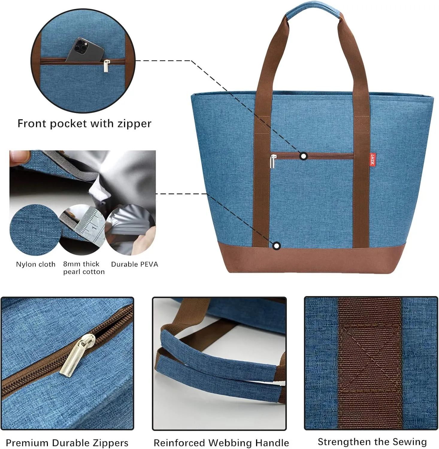 LHZK Jumbo Insulated Cooler Bag with Thermal Foam Insulation, Premium Quality Cooler Tote Bag with Zipper, Insulated Hot Cold Bag for Food Transport, Picnic, Travel, Beach (50L, Blue)