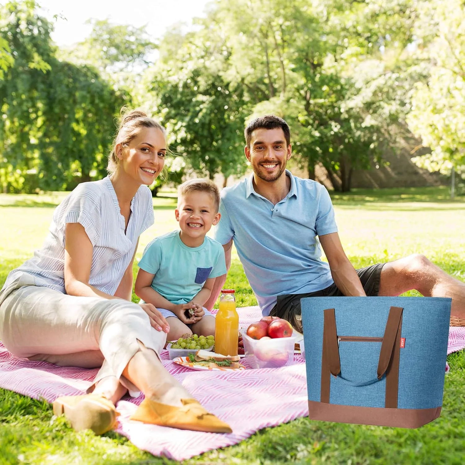 LHZK Jumbo Insulated Cooler Bag with Thermal Foam Insulation, Premium Quality Cooler Tote Bag with Zipper, Insulated Hot Cold Bag for Food Transport, Picnic, Travel, Beach (50L, Blue)