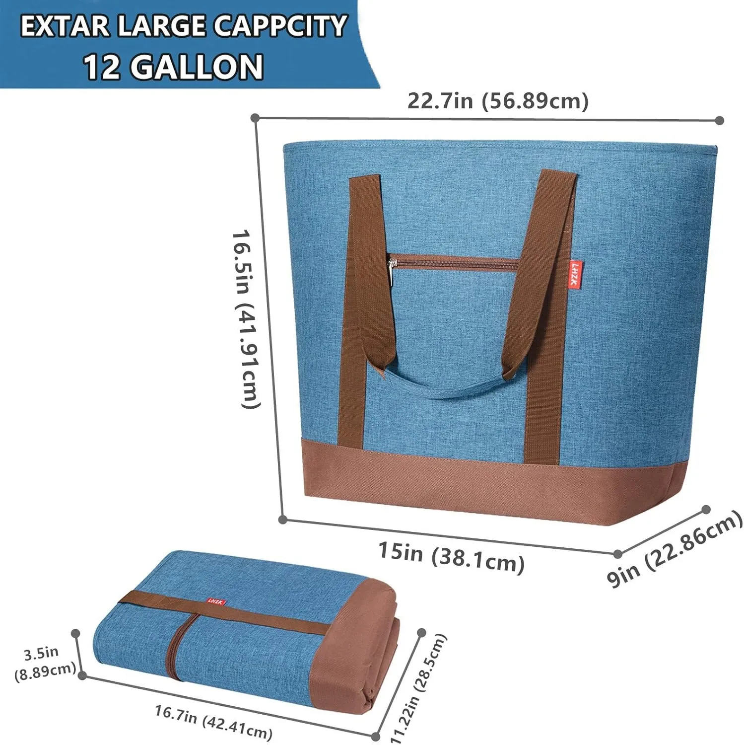 LHZK Jumbo Insulated Cooler Bag with Thermal Foam Insulation, Premium Quality Cooler Tote Bag with Zipper, Insulated Hot Cold Bag for Food Transport, Picnic, Travel, Beach (50L, Blue)