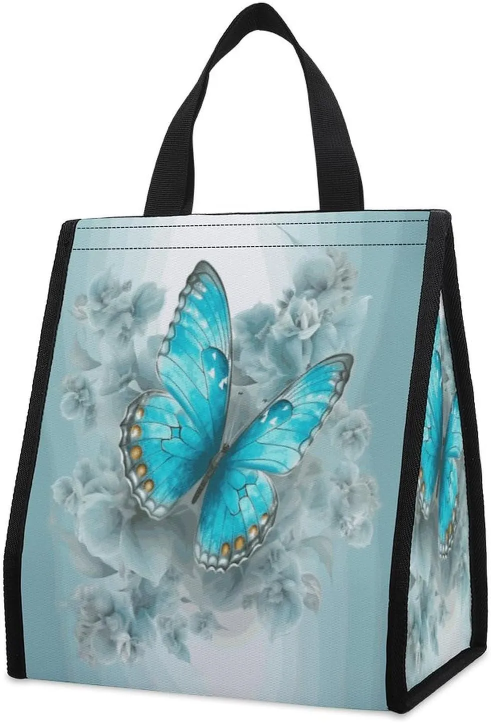 Light Blue Butterfly Insulated Lunch Bag Box Large Lunchboxes with Pocket Leakproof Lunch Tote Reusable Cooler Bags Cute Lunch Sack for Women Men Work Travel Picnic