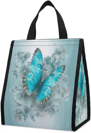 Light Blue Butterfly Insulated Lunch Bag Box Large Lunchboxes with Pocket Leakproof Lunch Tote Reusable Cooler Bags Cute Lunch Sack for Women Men Work Travel Picnic