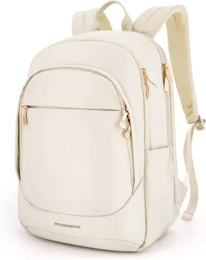 LIGHT FLIGHT Travel Laptop Backpack for Women, 15.6 Inch Backpack with USB Charging Hole, Water Resistant College Bookbag, Large Capacity Black Computer Backpacks for Work, Beige
