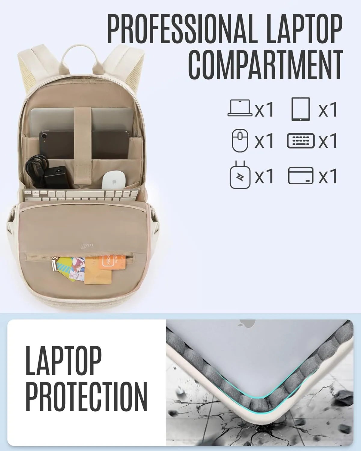 LIGHT FLIGHT Travel Laptop Backpack for Women, 15.6 Inch Backpack with USB Charging Hole, Water Resistant College Bookbag, Large Capacity Black Computer Backpacks for Work, Beige