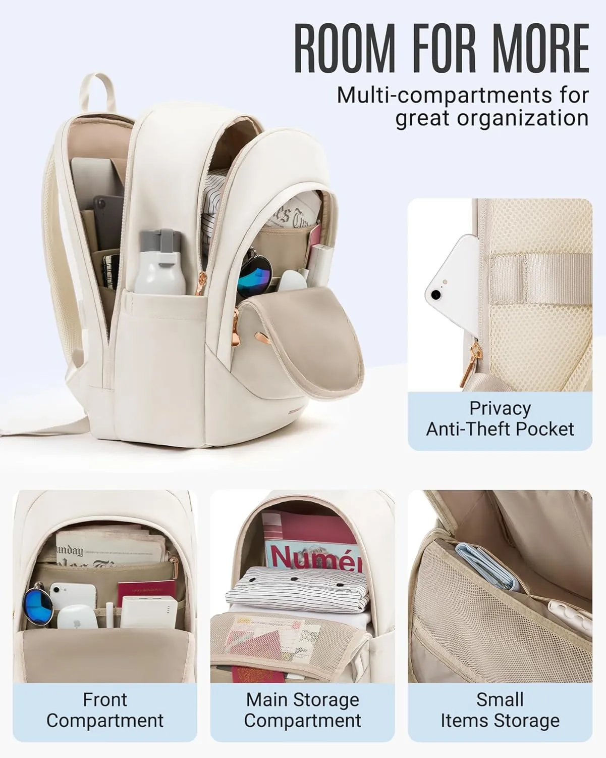 LIGHT FLIGHT Travel Laptop Backpack for Women, 15.6 Inch Backpack with USB Charging Hole, Water Resistant College Bookbag, Large Capacity Black Computer Backpacks for Work, Beige