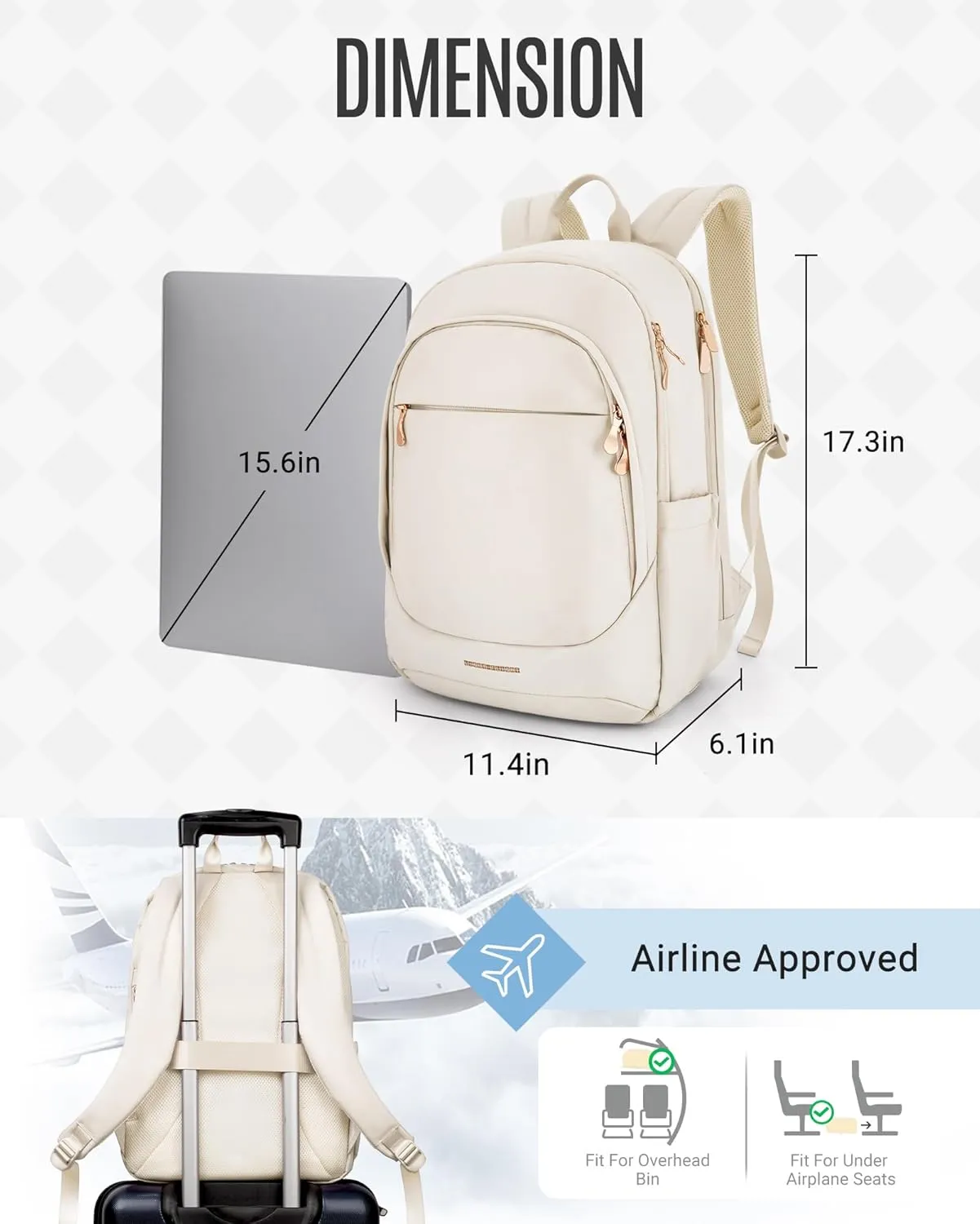 LIGHT FLIGHT Travel Laptop Backpack for Women, 15.6 Inch Backpack with USB Charging Hole, Water Resistant College Bookbag, Large Capacity Black Computer Backpacks for Work, Beige