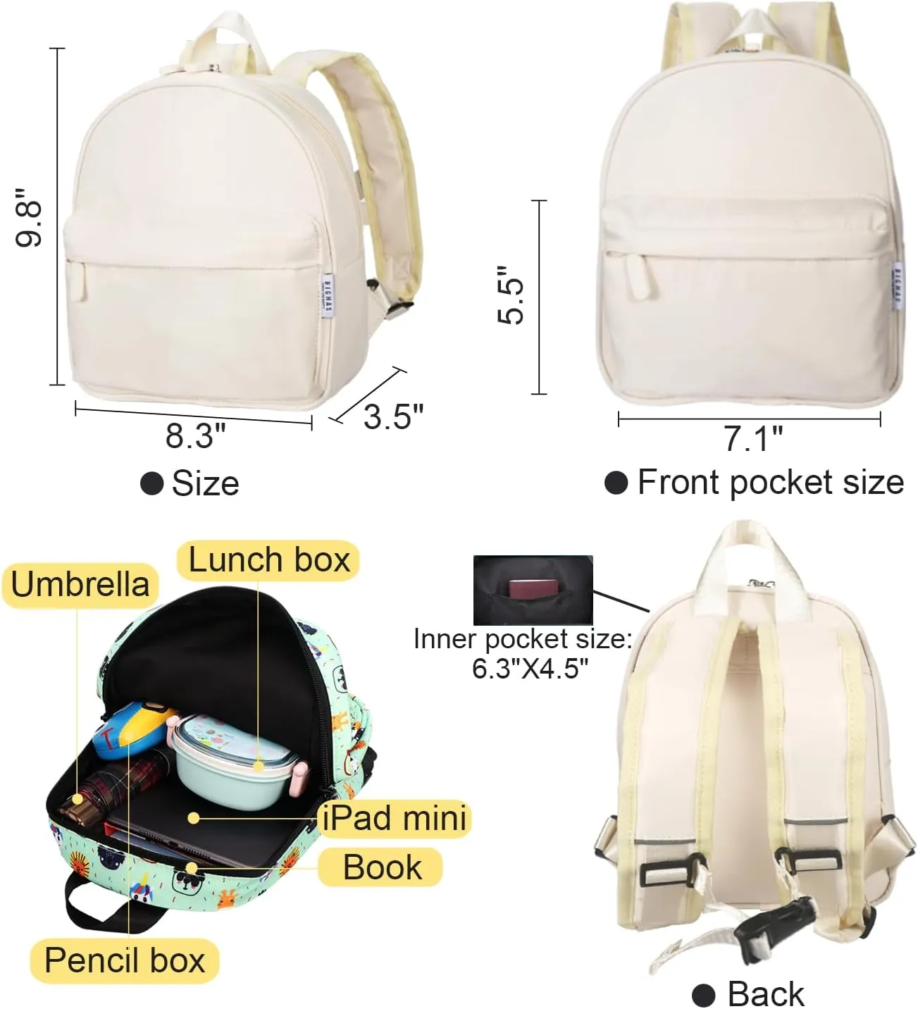 Lightweight Toddler Kids Backpack with Chest Strap For Boys and Girls, Preschool Kindergarten 3-6 Years Old 30 Colors (Beige)