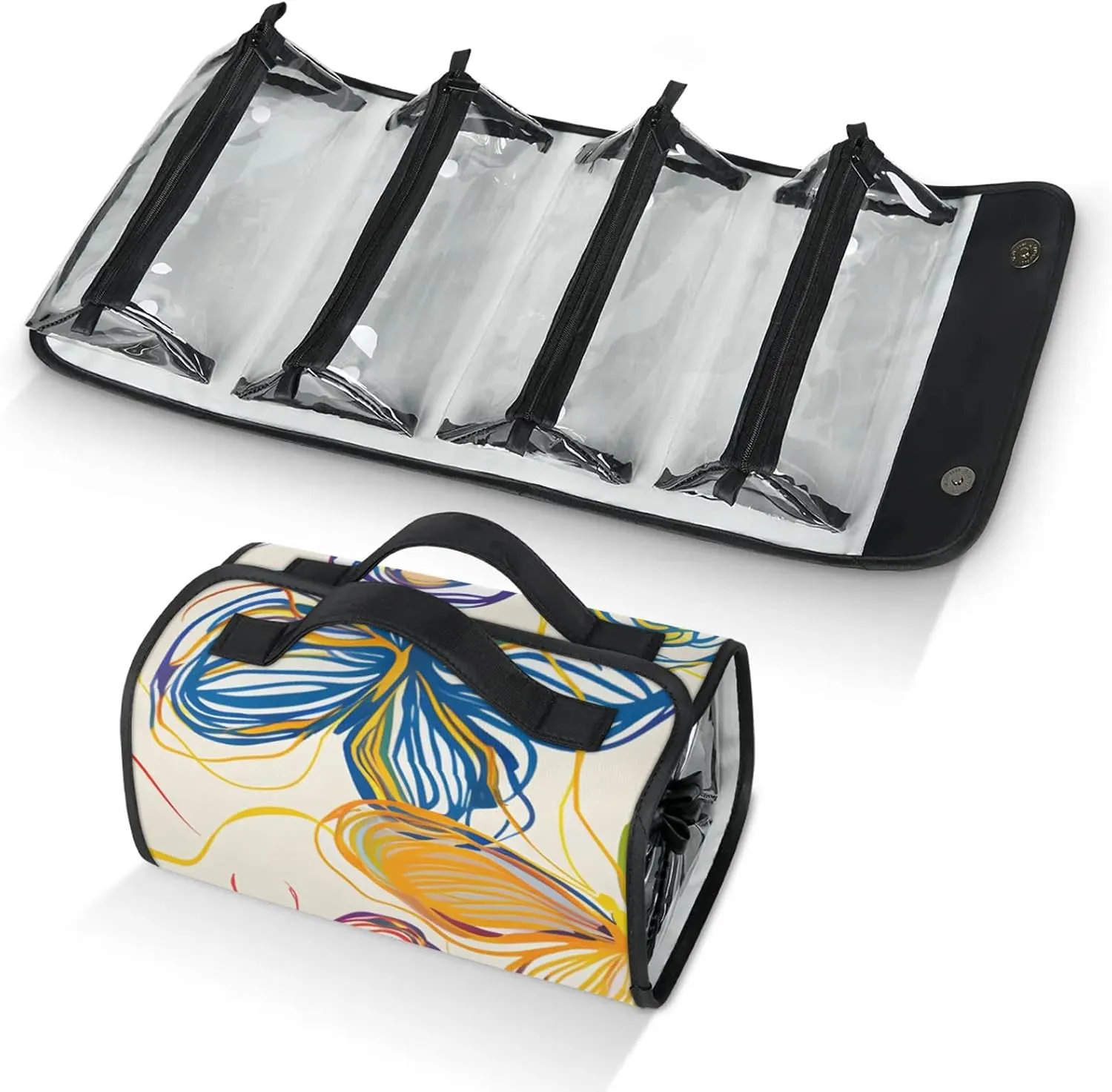 Line Butterfly Travel Toiletry Bag for Women, 4 in 1 Roll Up Makeup Cosmetic Bag With 4 Removable PVC Zipper Pouch