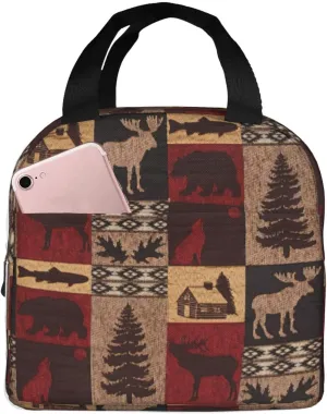 Lodge Bear Deer Fish Print Lunch Bag,Reusable Insulated Lunch Tote Bag For Work/Office/Picnic/Travel