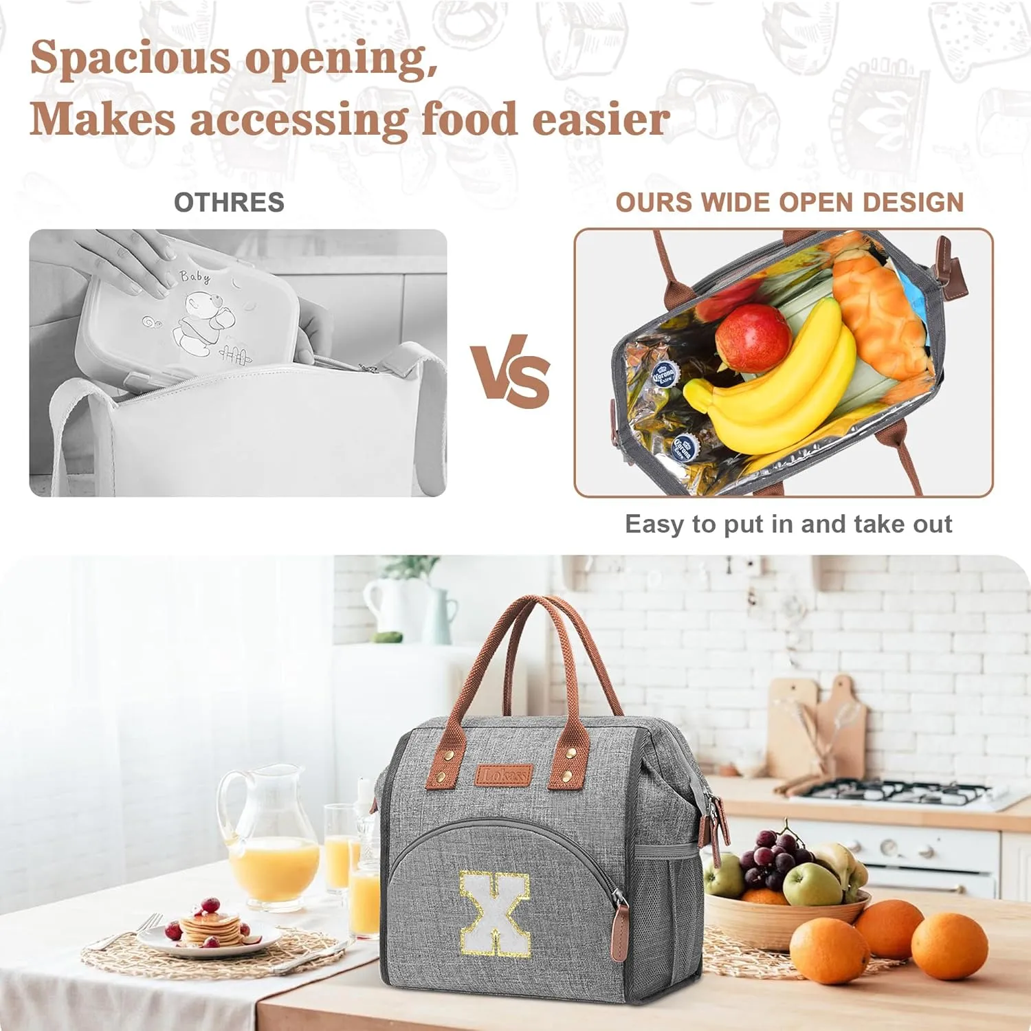 LOKASS Initial Lunch Box for Women – Wide-Open Leakproof Insulated Lunch Bag Women – Reusable Tote Cooler Bag for Office Beach Picnic, Personalized Mother's Day Gifts for Mom/Staff/Nurse (White M)