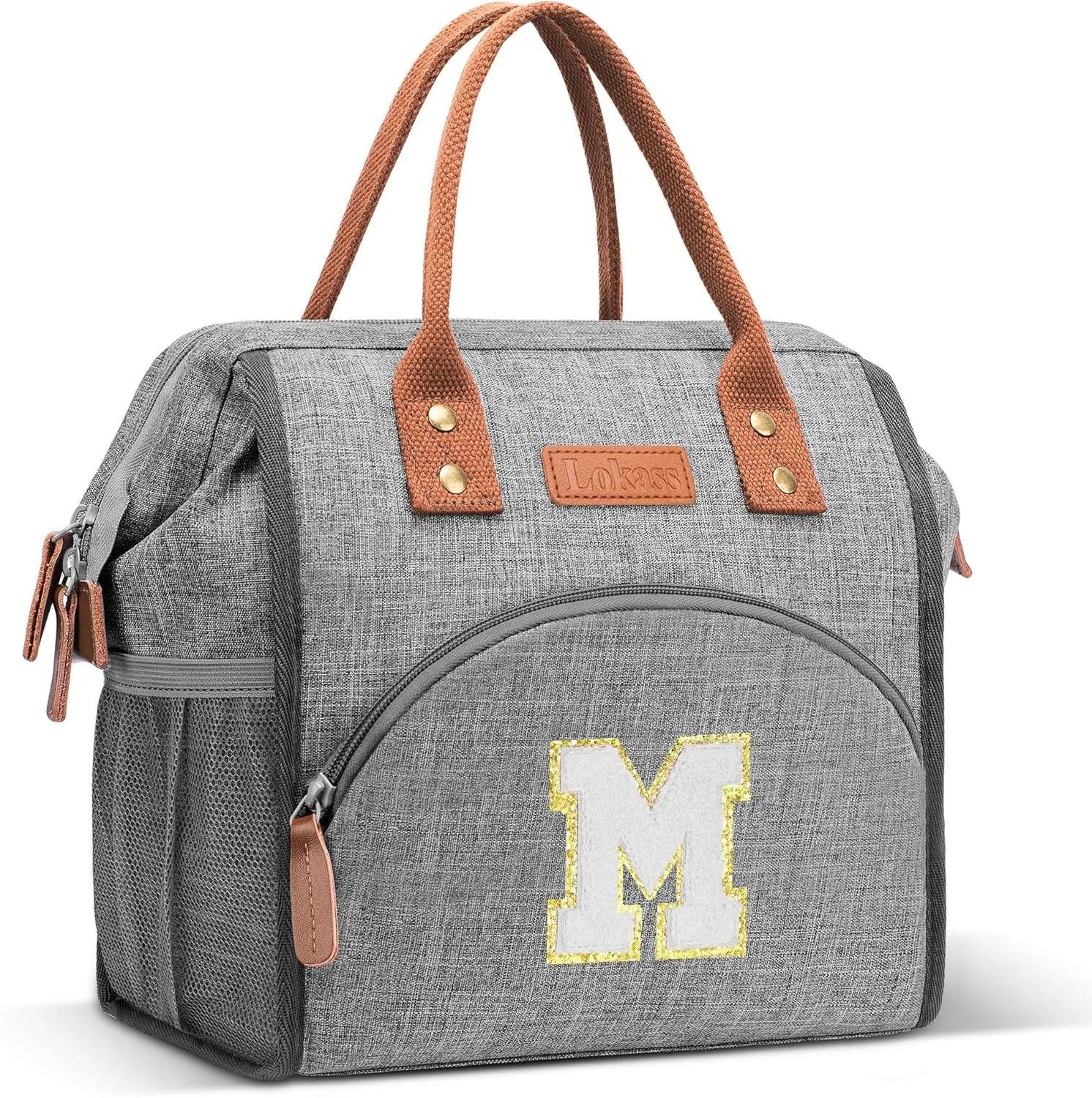 LOKASS Initial Lunch Box for Women – Wide-Open Leakproof Insulated Lunch Bag Women – Reusable Tote Cooler Bag for Office Beach Picnic, Personalized Mother's Day Gifts for Mom/Staff/Nurse (White M)